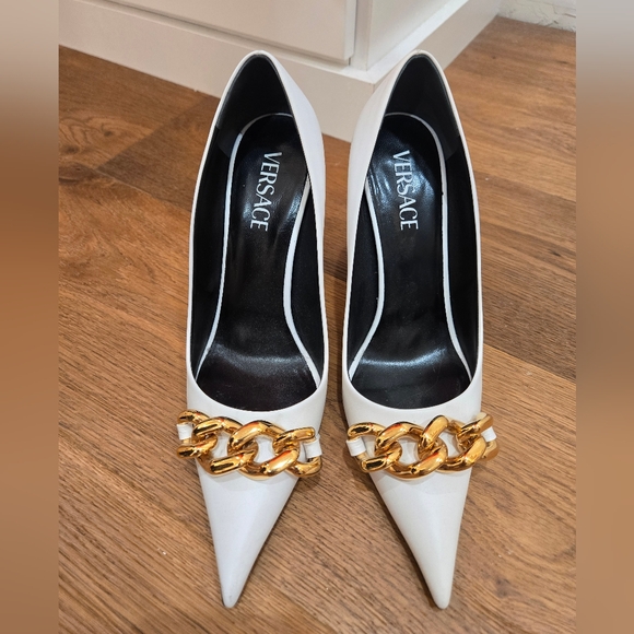 Versace White Heels with Gold Chain Accent - Picture 1 of 5